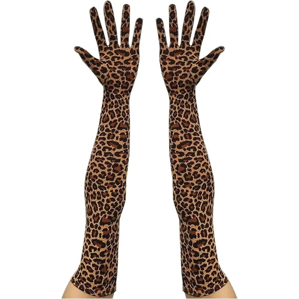 Women's Classic Satin Leopard Above Elbow Gloves Stretchy Soft Cosplay Costume - Picture 1 of 4